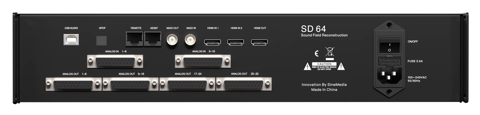 SD64 实机背面接口:AES67、MADI、模拟音频、HDMI 与 USB Audio