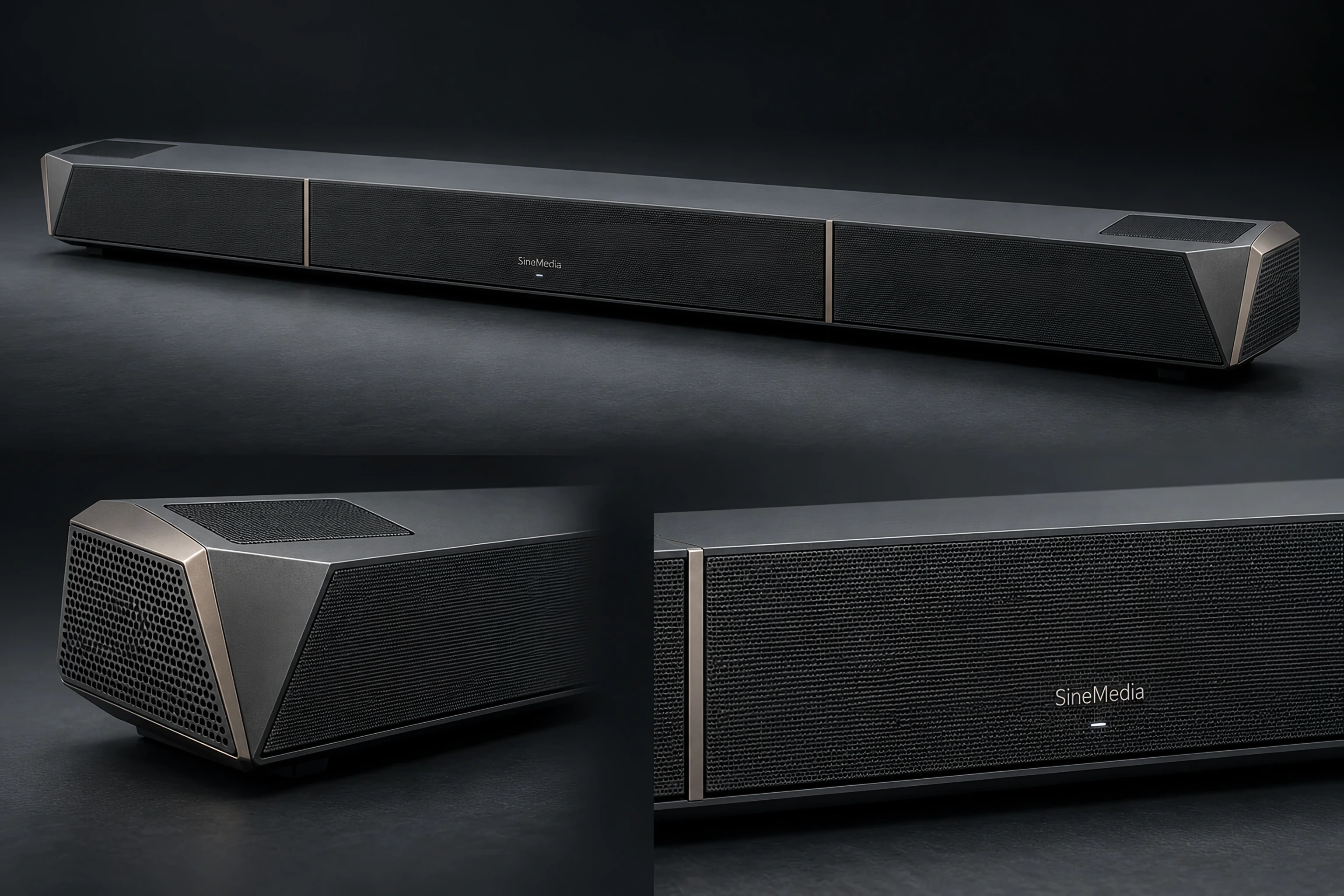 石墨色 SineMedia Soundbar,金属端部与上向扬声器格栅