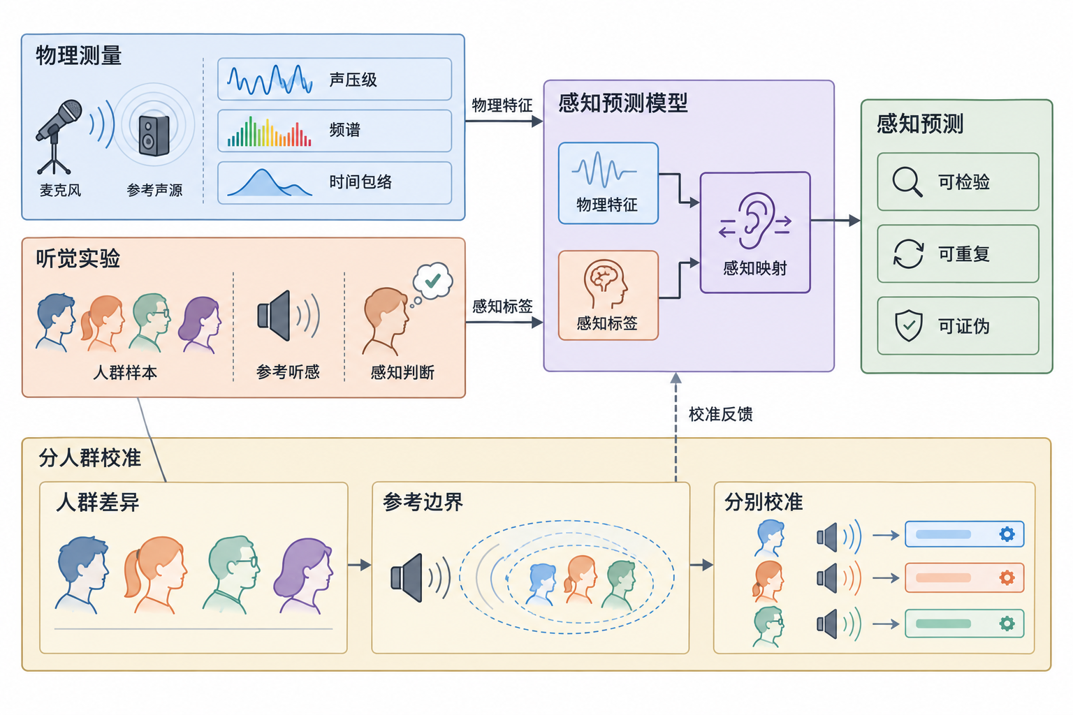 测量、感知与分人群校准|物理特征与感知判断是模型桥接的两类输入;下方展开人群差异、参考边界及分别校准的关系。图示为原文提出的方法方向,不含实测数据或已完成模型的实验结果。